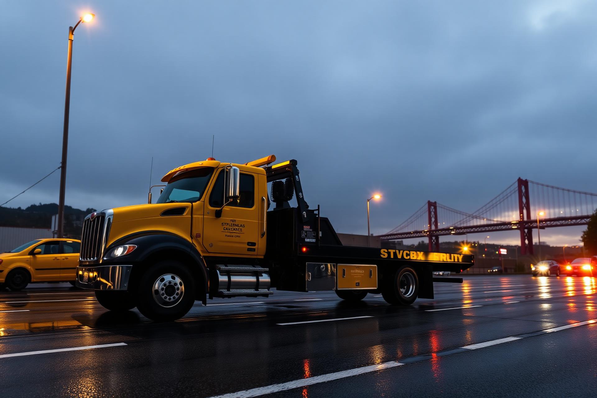 Xpress Towing flatbed tow truck on Santa Cruz streets at dusk